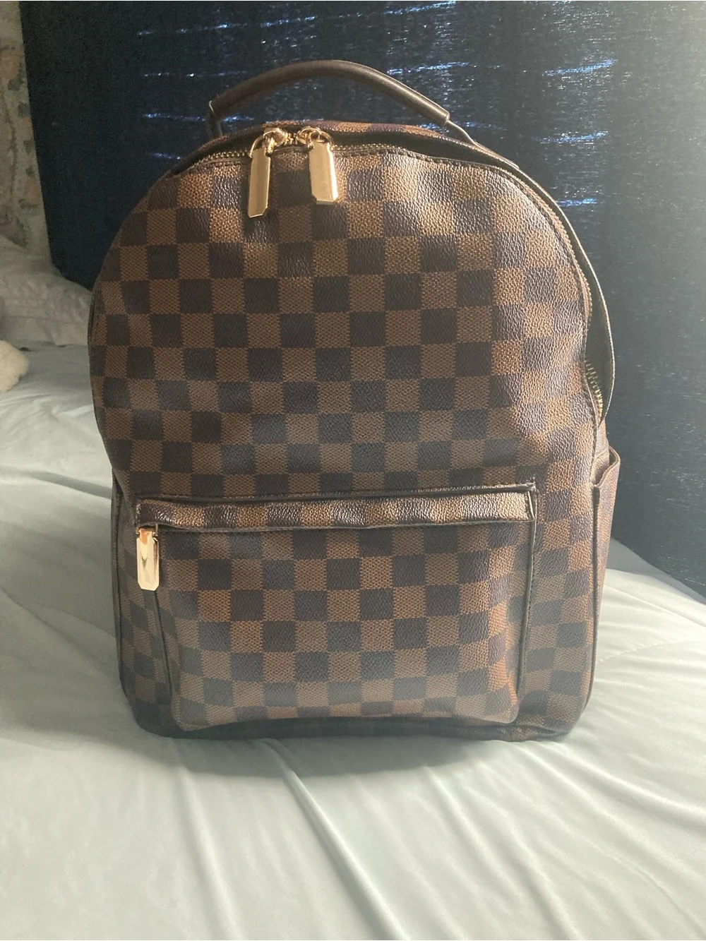 Women's Brown Checkered Backpack with Gold Hardware